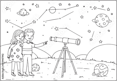 Whimsical illustration of a couple observing planets and constel