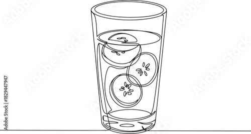 Minimalist single line drawing of refreshing cucumber water in a