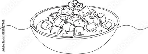 Minimalist line drawing depicting bowl with cubed ingredients an