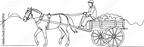 Vintage farming scene showcasing continuous line drawing of hors