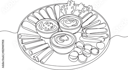 Continuous line drawing of a veggie platter with various dips in