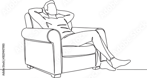 Single line drawing portraying a man relaxing comfortably on arm