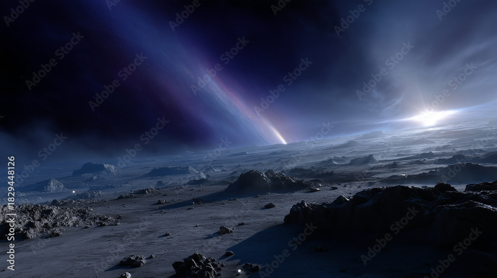 Naklejka premium A hyper-detailed, vibrant, fantastical outer space scene showing dozens of celestial objects and spacecraft at once. Foreground: the Moonâs rocky grey surface with deep craters, as