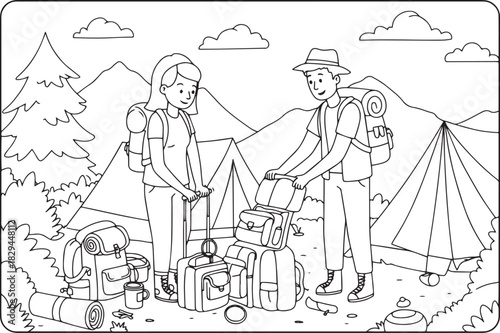 Line art of a couple preparing for a camping trip in a mountaino