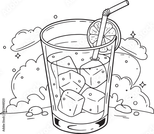 Whimsical Illustration of Refreshing Drink with Ice Cubes and Le