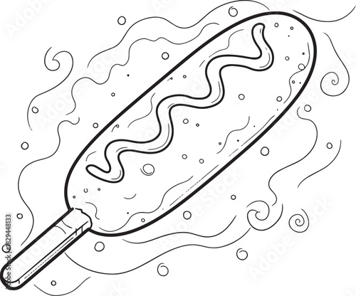 Stylized Corn Dog Illustration with Drizzled Sauce and Decorativ