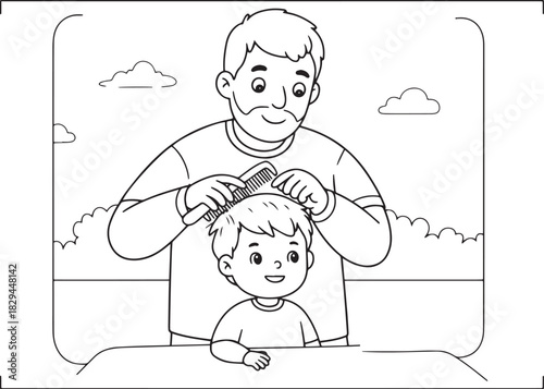 A heartwarming scene of a father lovingly combing his child's ha