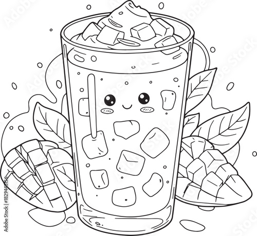 Kawaii Frozen Mango Lassi Illustration with Tropical Leaves and
