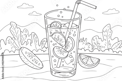 Refreshing Cucumber and Limeade Drink Sketch on a Summer Landsca