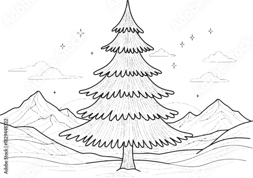 Line art of a towering fir tree against a mountain landscape and