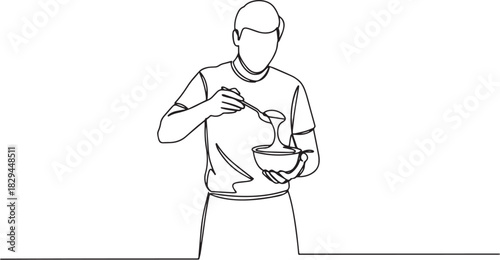 Single line drawing of a man eating food from a bowl with a spoo