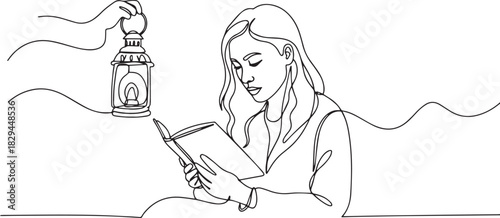 Woman absorbed in reading illuminated by lantern light with sing