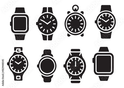 set of solid black wristwatch icons in elegant minimalist style