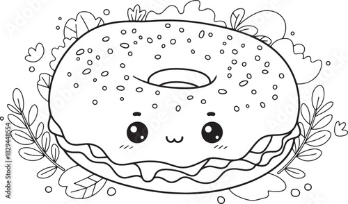 Adorable bagel cartoon with whimsical floral decorations for col