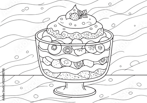 Delightful trifle sketch filled with luscious fruits and creamy