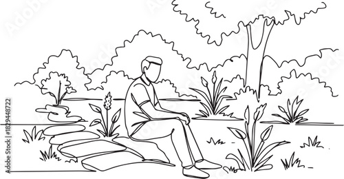 Linear illustration capturing a man seated outdoors amidst seren