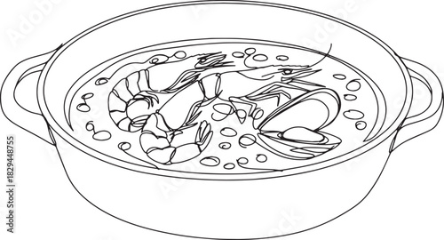 Elegant line art of bouillabaisse with shrimp and shellfish in a