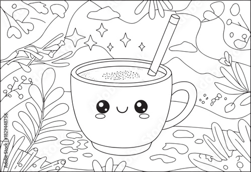 Charming matcha latte illustration with kawaii face and nature e
