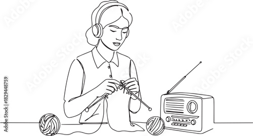 Continuous line drawing of a woman knitting while listening to t