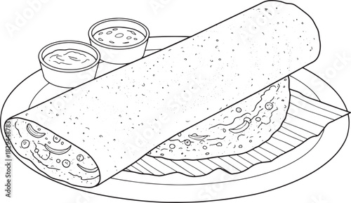 Detailed line art illustration of a crispy dosa with vibrant chu