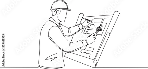 Architect reviewing blueprints in a single line drawing construc