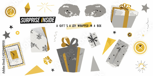 Festive gift illustration with presents stars and decorative elements on white