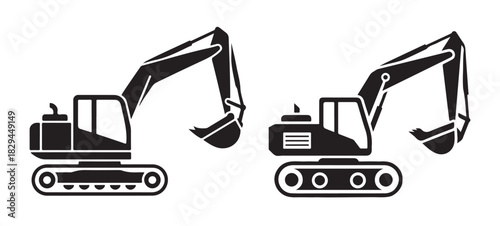 Two black silhouette excavators on a white background.