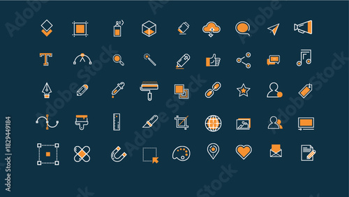 A set of architecture and design tool icons including pen, text tool, magnet, brush, color selector, and spray can. Clean, vector icons for creative software UI.