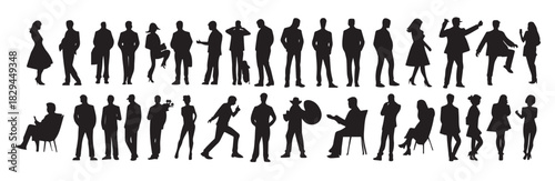 Silhouette people man and women in various poses collection.