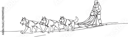 Elegant monochrome drawing: winter scene with musher and sled do