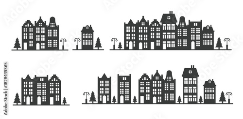  silhouette of a row Amsterdam style houses facades 