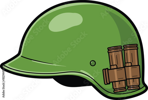 Green Military Combat Helmet Vector Illustration, Side View of Army Headgear with Grenade Straps, Soldier Protection, War, and Safety Equipment Graphic