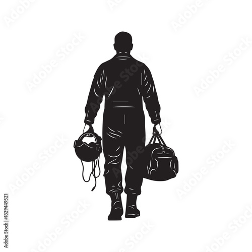 Military Fighter Jet Pilot Silhouette Walking Carrying Helmet and Flight Bag Vector
