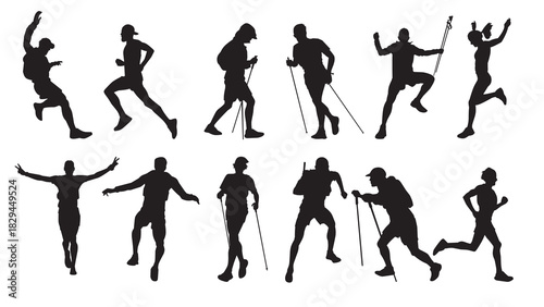 silhouettes of active hikers and trail runners in various
