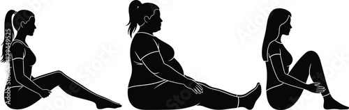 Three Women Silhouettes Sitting on the Floor, Showing Different Body Types and Sizes, Representing Diversity, Body Positivity, and Wellness Journey