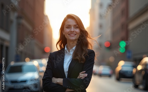 Dreamy businesswoman standing on street. High quality