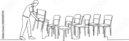 Continuous Line Illustration of a Man Arranging Chairs for an Ev