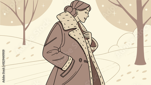 Woman in winter coat illustration vintage style fashion apparel outerwear cold weather snow scene artistic drawing