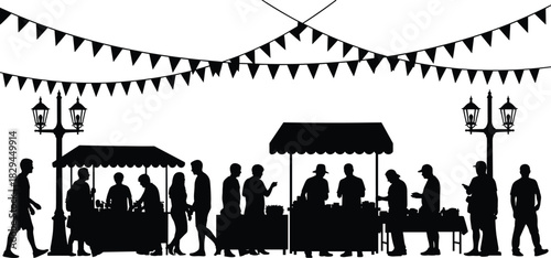Silhouette of a Lively Outdoor Night Market or Street Fair with Food Stalls, Customers, Decorative Banners, and Traditional Lampposts Vector