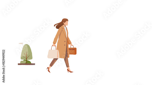 Illustration of woman in coat walking with shopping bags and briefcase in city park during autumn season