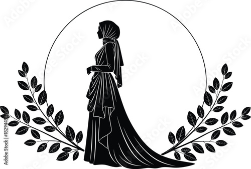 Elegant Muslim Woman Silhouette in Flowing Modest Bridal Gown and Hijab within a Natural Botanical Wreath Frame