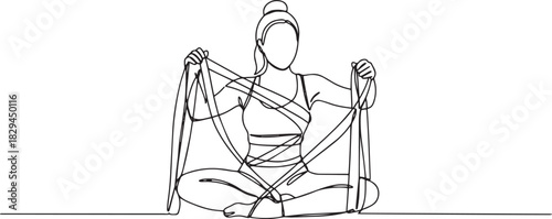 Continous line drawing woman sitting cross legged holding resist