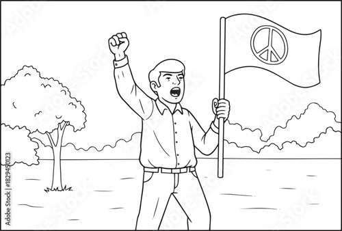 Line art depiction of a protester holding a peace flag in demons