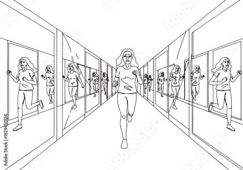 Monochrome depiction of women running in corridor during an emer