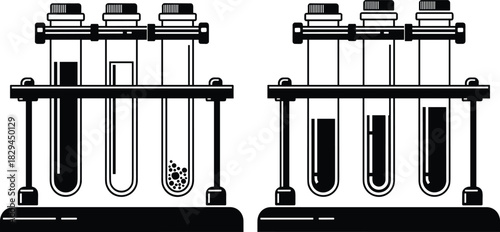 Laboratory test tubes in rack vector illustration, chemical experiments, science, research, medical analysis, black and white icon set.