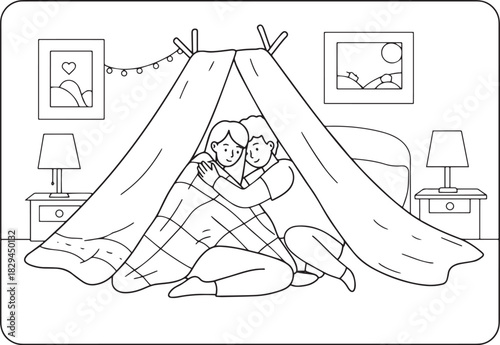 Cozy embrace in homemade fort, a couple enjoying quality time at