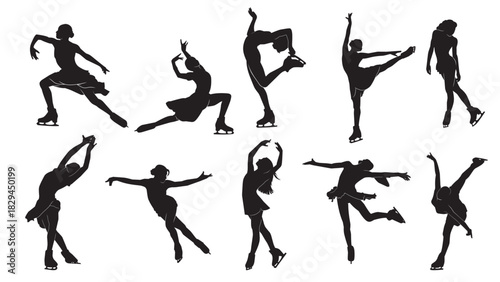 silhouettes of female figure skaters performing various