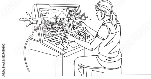 Woman interacting with sophisticated simulation technology, line