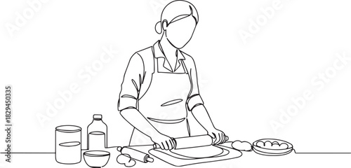 Continuous line drawing of a woman baking, minimalist baker prep