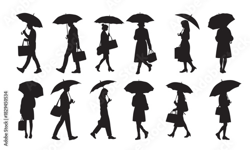 silhouettes of people walking with umbrellas carrying bags.